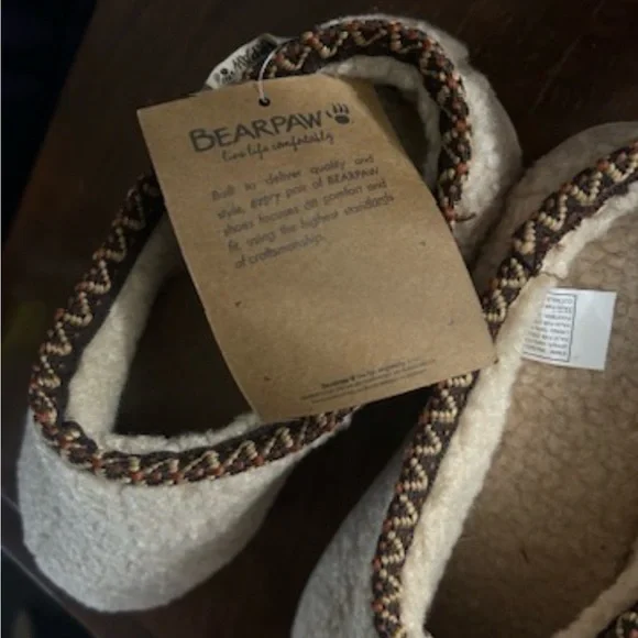 BearPaw Cream Sherpa Slip-On House Shoes with Brown Trim - Picture 3 of 4